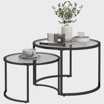 Set van 2 Ronde Nesting Tafels met Glazen Tafelblad en Zwart, Verzenden, Nieuw