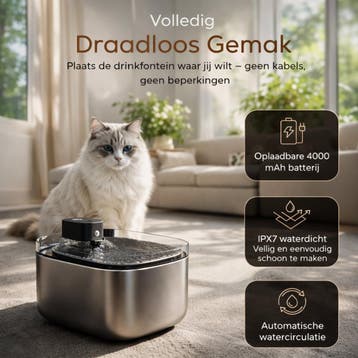 Happy Things® Draadloze Drinkfontein Kat &amp; Hond 5,5L RVS, Dieren en Toebehoren, Ophalen of Verzenden, Zo goed als nieuw