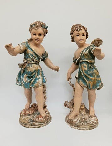 sculptuur, Coppia di Putti - 36 cm - Polychroom hout