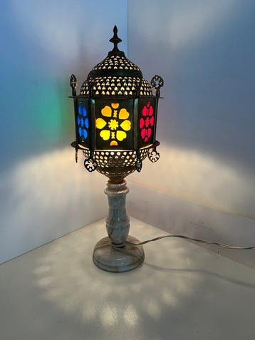 Tafellamp - Messing, Marmer, Glas - Vintage Marokkaans uit