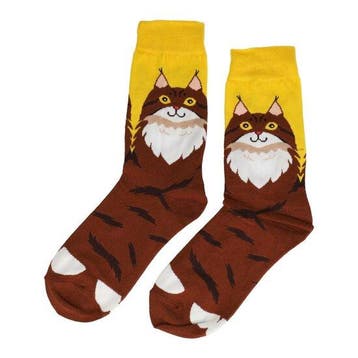Sokken katoen - katten print - wit geel bruin - maat 36-43, Nieuw