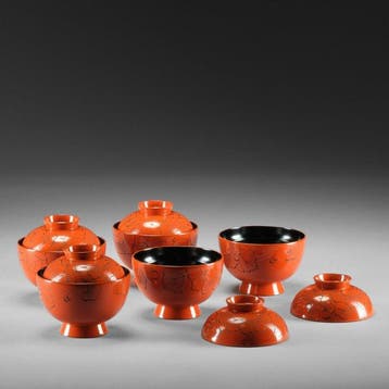Set van 5 kommen met deksels - Gelakt hout - Wajima lacquer
