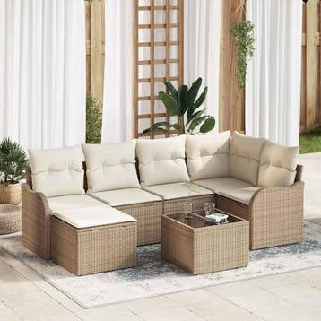 vidaXL Tuin Sofa Set 7 st Beige en Wit poly rattan, Verzenden, Nieuw, Rotan, 7 zitplaatsen