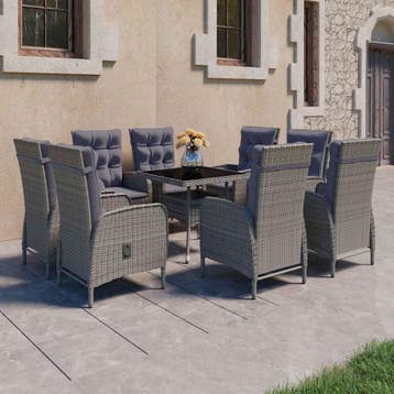vidaXL 9-delige Tuinset poly rattan en glas grijs, Verzenden, Nieuw, 8 zitplaatsen, Tuinset
