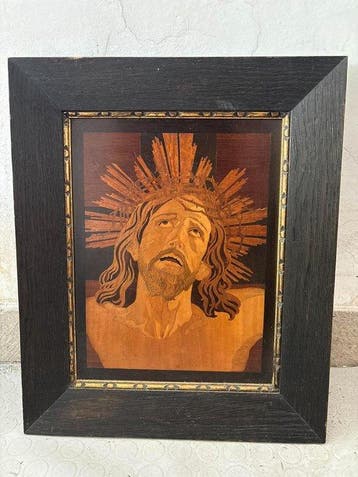sculptuur, Ecce Homo intarsio in cornice - 45 cm - Hout -