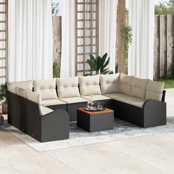 vidaXL Tuinbankenset 10 st Zwart en Crème poly rattan, Verzenden, Nieuw, Meer dan 8 zitplaatsen