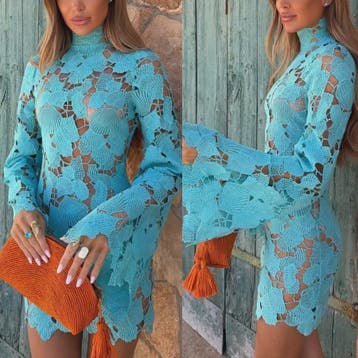 Women's 2026 High Neckline Lace Mini Dress Long Sleeve Loose, Verzenden, Nieuw