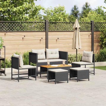 vidaXL Tuinbankenset 6 st Zwart en Crème poly rattan, Verzenden, Nieuw, Rotan, 6 zitplaatsen