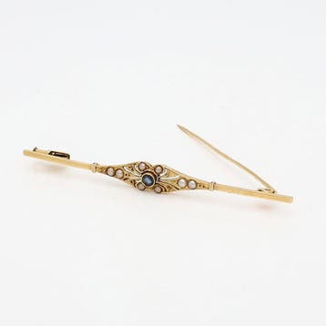 Broche - 18 karaat Geel goud Saffier - Parel, Sieraden, Tassen en Uiterlijk, Antieke sieraden