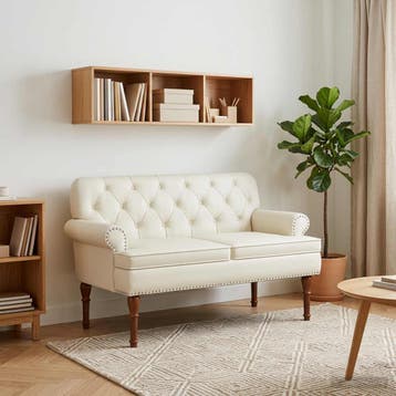 vidaXL Loungebank met knopencomfort Crèmekleurig 120 x 65 x, Verzenden, Nieuw, Leer, Minder dan 150 cm