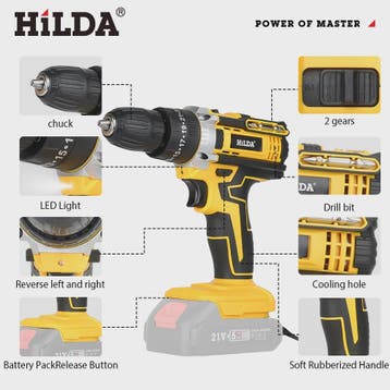HILDA 21V Accu Schroefmachine met Klopboorfunctie - 25+3 Dra, Verzenden, Nieuw