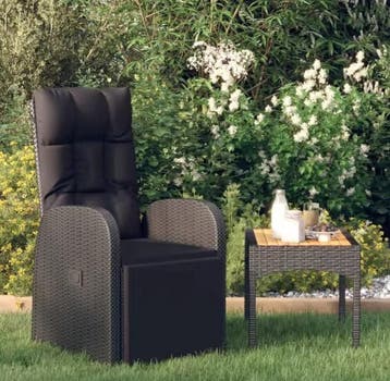 Rotan Tuinstoel met Kussen Zwart – Verstelbaar met Voetsteun, Verzenden, Nieuw, Rotan, Verstelbaar