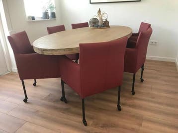 Set van 6 leren kuip eetkamerstoelen - met wieltjes - rood, Huis en Inrichting, Ophalen of Verzenden, Nieuw, Leer