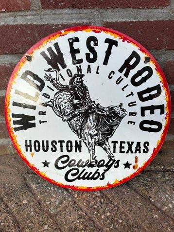 Groot rond emaille bord – Wild West Rodeo Houston Texas –