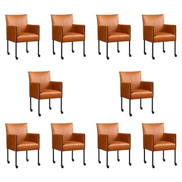 Set van 10 Leren eetkamerstoelen More - Vintage Cognac, Ophalen of Verzenden, Nieuw, Leer, Vijf, Zes of meer stoelen