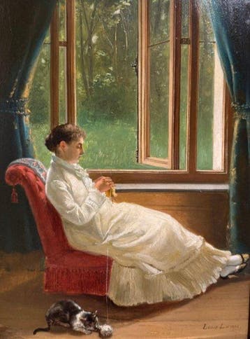 Louis Lampe (1840- 1898) - The Knitter, Antiek en Kunst, Kunst | Schilderijen | Klassiek