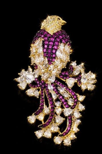 Sublieme vogelbroche met kristallen in Swarovskistijl,