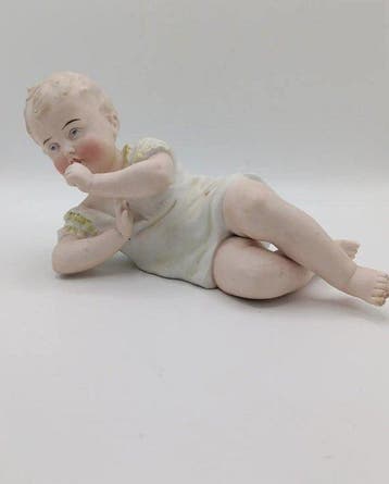 Figuur - Antique German Bisque Porcelain Piano Baby, Antiek en Kunst