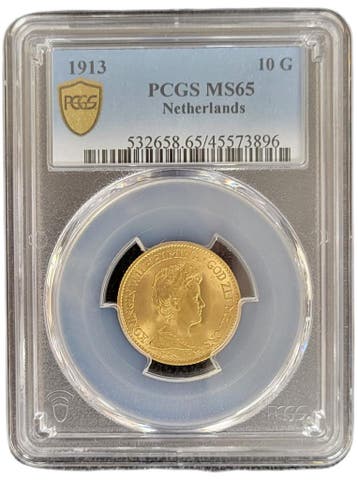 Gouden Wilhelmina 10 gulden 1913 MS65 gecertificeerd PCGS, Postzegels en Munten, Munten | Nederland, Verzenden, Goud, Koningin Wilhelmina