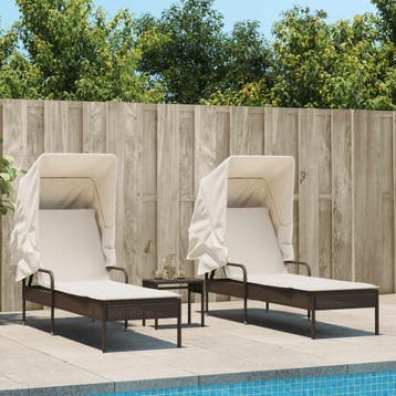 vidaXL Ligbedden 2 st met luifels en tafel poly rattan bruin, Tuin en Terras, Verzenden, Nieuw