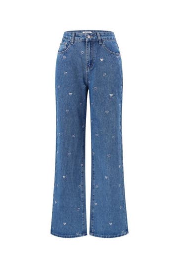 Cotton Woven Vrouwen Rechte Jeans Hart Borduurwerk Casual, Verzenden, Nieuw