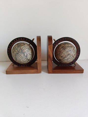 Boekensteunen (2) - Hout, Metaal - Boeksteunen Globes