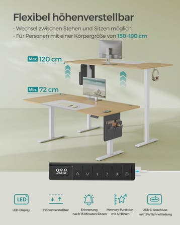 SONGMICS Elektrisch In Hoogte Verstelbaar Bureau 180x80 cm m, Verzenden, Nieuw