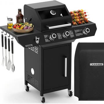 Kaminer Gasbarbecue 2+1 10 kW zwart met zijbrander, glaze..., Ophalen of Verzenden, Nieuw