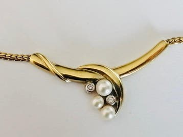Halsketting - 14 karaat Geel goud Parel - Diamant, Nieuw