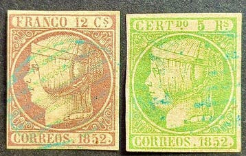 Spanje 1852/1852 - ISABEL II POSTSTEMPEL ROOSTER BLAUW. -, Gestempeld
