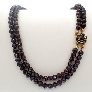 Antieke granaat kralen sautoir met gouden sierslot (Ketting), Sieraden, Tassen en Uiterlijk, Kettingen, Gebruikt, Ophalen of Verzenden