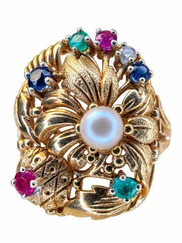 Ring - 18 karaat Geel goud - 1.15ct. tw. Parel - Robijn -, Nieuw