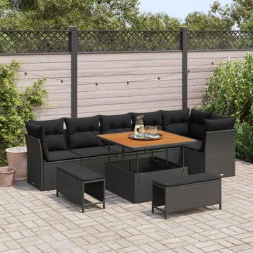 vidaXL Tuinbankenset 9 st Zwart poly rattan, Verzenden, Nieuw, Rotan, Meer dan 8 zitplaatsen