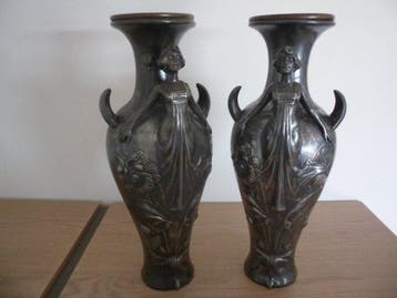 Vaas (2) - Tin, Verzilverd - Art Nouveau