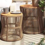 Tuinbijzettafels 2 st met houten blad poly rattan beige, Verzenden, Nieuw