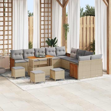 vidaXL Tuinbankenset 14 st 14-Aantal zitplaatsen Beige en, Verzenden, Nieuw, Rotan, 4 zitplaatsen