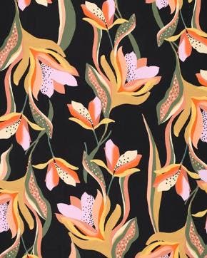 Viscose Satijn Tulpen Zwart, Hobby en Vrije tijd, Stoffen en Lappen, Zwart, Nieuw