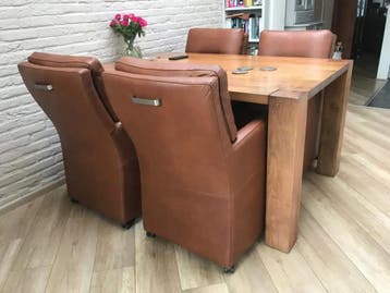 4 leren eetkamerfauteuils - met armleuning en wieltjes -, Huis en Inrichting, Stoelen, Ophalen of Verzenden, Nieuw, Leer
