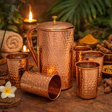 Puur Koperen Set: Kan (±1,5 l) + 4 Bekers Gehamerd, Ophalen of Verzenden, Nieuw