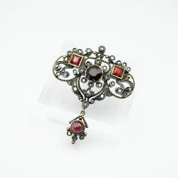 Broche - 14 karaat Zilver, Geel goud Granaat - Diamant