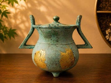 Bronze Incense Burner Koro Green Patina Gold Accents - Seifu, Antiek en Kunst