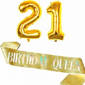 Birthday Queen 21 ballonnen en sjerp goud, Ophalen of Verzenden, Nieuw, Versiering, Verjaardag