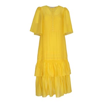 Alcidia da Veiga • gele zijden midi jurk • 36, Kleding | Dames, Verzenden, Geel, Nieuw, Alcidia da Veiga