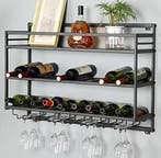 Industriële Wand Wijnrek met Glashouders – 3 Lagen Metaal, Verzenden, Nieuw