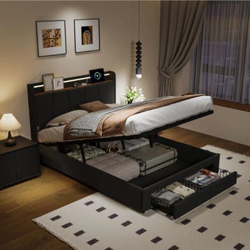 Hydraulisch Opbergbed 140x200 cm met LED Hoofdbord en USB, Huis en Inrichting, Slaapkamer | Bedden, Verzenden, Nieuw