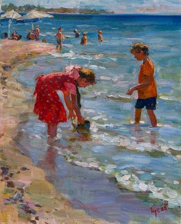 Vladimir Goussev (1957) - Enfants à la Mer - Jeux d’Été au, Antiek en Kunst