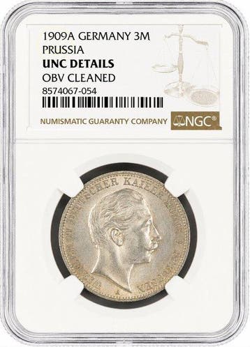 Duitsland, Pruisen Willem II. 3 Mark 1909 - NGC UNC, Postzegels en Munten