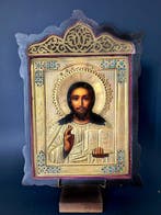Icoon - Christus Pantokrator - Hout, zilver 84 vermeil, Antiek en Kunst