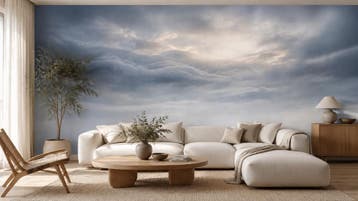 Wolken behang – zachte blauwe lucht met warm licht, Huis en Inrichting, Grijs, Natuurlijk, Overige merken, Ophalen of Verzenden