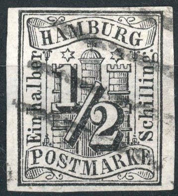 Hamburg 1859 - Breitrandige, schoon gestempelde 1/2 S zwart, Postzegels en Munten, Postzegels | Europa | Duitsland, Gestempeld